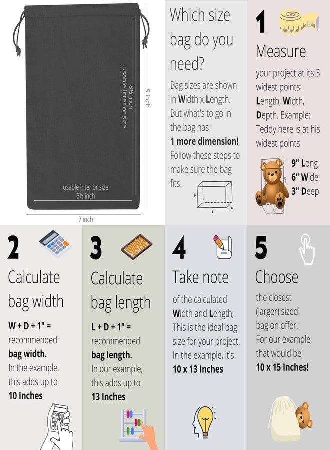 DR Black Cotton Drawstring Bags - Cinch and Ditty Stuff Pouch - For Travel Storage Pantry Gifts Organization (7 x 9 inch -12 pack) - Image 2